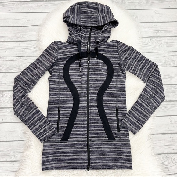 Lululemon Black and Gray striped Run in Stride Zip Up Hooded Jacket - Picture 1 of 7